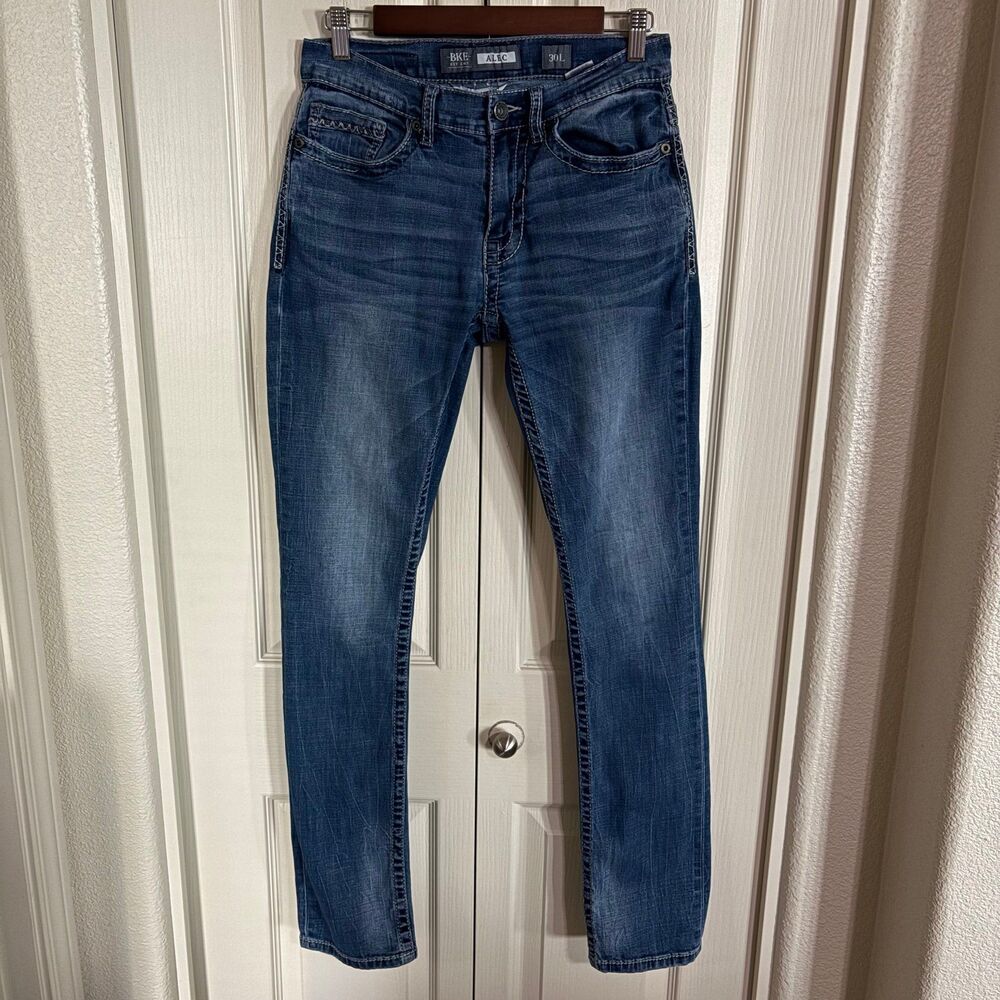 BKE Alec Jeans Men’s 28x30 Blue Straight Leg Stretch Denim Embroidered